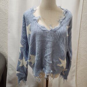 Polly & Ester Blue and white star cropped distressed sweater
